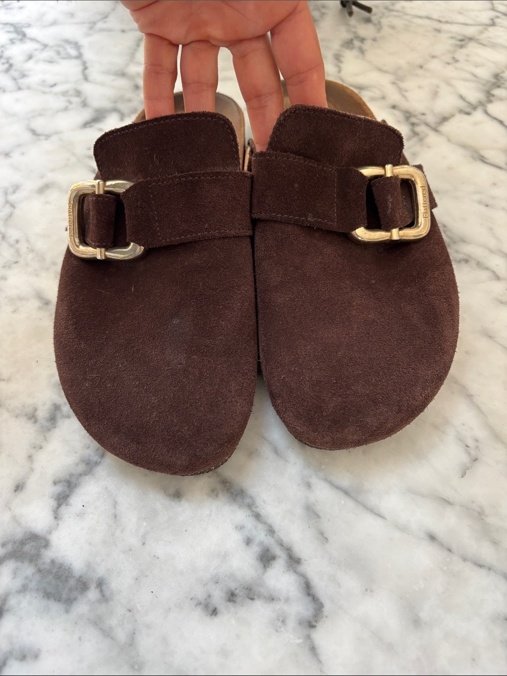 Flattered Dark Brown Suede Buckle Clogs - Picture 5 of 6